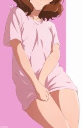 Rule 34 | artist name, breasts, brown hair, closed mouth, head out of frame, hibike! euphonium, highres, oumae kumiko, pink shirt, shirt, shirt tug, short hair, short sleeves, simple background, small breasts, smile, thighs, two-tone background, usagihop, watermark, wavy hair