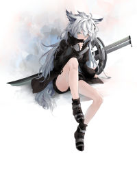 Rule 34 | 1girl, absurdres, animal ears, arknights, black coat, coat, full body, green eyes, hair between eyes, highres, io (io oekaki), lappland (arknights), long hair, long sleeves, looking at viewer, material growth, messy hair, originium (arknights), oripathy lesion (arknights), scar, scar across eye, scar on face, shoes, shy, silver hair, sitting, slit pupils, smile, solo, sword, tail, weapon, white background, wolf ears, wolf girl, wolf tail
