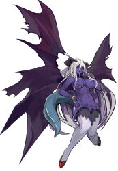 Rule 34 | 1girl, bracelet, breasts, collar, colored skin, demon girl, demon wings, highres, horns, jewelry, large breasts, long hair, navel, pupps, purple skin, red eyes, solo, tail, thighhighs, very long hair, white hair, white thighhighs, wide hips, wings
