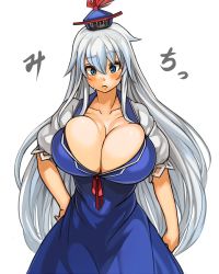 Rule 34 | 1girl, blue dress, blue eyes, breasts, cleavage, collarbone, dress, hat, huge breasts, kamishirasawa keine, long hair, puffy short sleeves, puffy sleeves, sachito, short sleeves, silver hair, simple background, solo, touhou, very long hair, white background