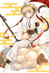Rule 34 | 10s, 1girl, andira (granblue fantasy), animal ears, bare shoulders, barefoot, blonde hair, blush, breasts, cloud, detached sleeves, egasumi, erune, flying nimbus, gen (gen 7254), granblue fantasy, holding, holding staff, looking at viewer, monkey ears, monkey tail, red eyes, short hair, sideboob, sitting, small breasts, solo, staff, tail, thighhighs, thighs