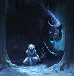 Rule 34 | 1girl, absurdres, animal ears, body fur, bow (weapon), glowing, glowing eyes, glowing mouth, grey fur, grey hair, highres, holding, holding bow (weapon), holding weapon, kindred (league of legends), lamb (league of legends), league of legends, long hair, looking at viewer, mask, miseriaeametdolor, night, outdoors, sheep ears, tree, weapon, wolf (league of legends)