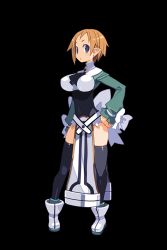Rule 34 | 1girl, :o, ascot, black thighhighs, blue eyes, boots, breasts, brooch, disgaea, disgaea rpg, earrings, full body, hand on own hip, jewelry, large breasts, light brown hair, long sleeves, looking at viewer, magic knight (disgaea), official art, pelvic curtain, pointy ears, short hair, solo, standing, stud earrings, thighhighs, transparent background, turtleneck, white footwear