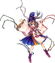 Rule 34 | 1girl, blue eyes, full body, grey hair, harukawa moe, hat, japanese clothes, kariginu, long hair, long sleeves, mononobe no futo, official art, open mouth, outstretched arms, ponytail, ribbon, shoes, skirt, smile, solo, touhou, transparent background, urban legend in limbo