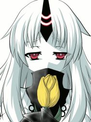 Rule 34 | 10s, 1girl, abyssal ship, animated, animated gif, bare shoulders, blood, blood on face, blush, claws, crying, crying with eyes open, detached sleeves, empty eyes, flower, goma (gomasamune), holding, horns, kantai collection, long hair, looking at viewer, md5 mismatch, pale skin, red eyes, seaport princess, single horn, solo, tears, translation request, tulip, ugoira, white hair, yandere