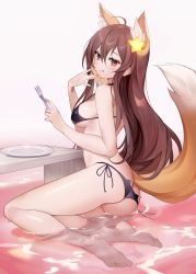 Rule 34 | 1girl, :q, absurdres, ahoge, animal ear fluff, animal ears, annytf, ass, bare arms, bare legs, bare shoulders, barefoot, bikini, black bra, black panties, blush, bra, breasts, brown eyes, brown hair, commentary request, food, food on face, fork, fox ears, fox tail, grey background, hair between eyes, hair ornament, halterneck, hand up, highres, holding, holding fork, large breasts, long hair, looking at viewer, original, panties, plate, side-tie bikini bottom, side-tie panties, smile, solo, star (symbol), star hair ornament, string bikini, swimsuit, tail, thighs, tongue, tongue out, underwear, underwear only, very long hair, virtual youtuber, yoru (yowuyoru)
