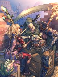 Rule 34 | 1boy, 1girl, armored boots, bandage on face, bandages, blonde hair, boots, box, breasts, brick wall, flower, gauntlets, granblue fantasy, highres, horns, lily of the valley, medium breasts, on box, open mouth, polearm, red eyes, scythe, sitting, sitting on box, skirt, spear, torio (mocd1985), twintails, vaseraga, weapon, zeta (granblue fantasy)