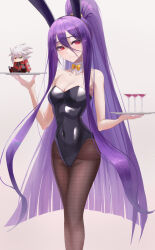 Rule 34 | 1boy, 1girl, absurdly long hair, alcohol, animal ears, bare shoulders, blazblue, blazblue: central fiction, blush, bow, bowtie, breasts, collarbone, commentary, covered navel, cup, detached collar, drinking glass, fake animal ears, fishnet pantyhose, fishnets, hair between eyes, highres, kaeru (meriruou), leotard, long hair, medium breasts, mikado (blazblue), pantyhose, playboy bunny, ponytail, purple hair, rabbit ears, rabbit tail, ragna the bloodedge, red eyes, sidelocks, slit pupils, solo, tail, tray, very long hair, wine, wine glass, yellow bow, yellow bowtie
