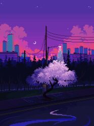 Rule 34 | building, city, cloud, commentary, crescent moon, english commentary, highres, jubilee (8pxl), moon, night, no humans, original, outdoors, pixel art, power lines, purple clouds, purple sky, road, scenery, sky, skyline, tree, utility pole