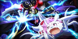 Rule 34 | ainz ooal gown, bug, crossover, highres, kumo desu ga nani ka?, kumoko (kumo desu ga nani ka?), official art, overlord (maruyama), pink eyes, red eyes, spider, tagme