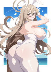 Rule 34 | 1girl, absurdres, akane (blue archive), akane (bunny) (blue archive), animal ears, ass, black-framed eyewear, blue archive, blush, breasts, brown shawl, contrail, fake animal ears, fake tail, glasses, gloves, halo, heart, highres, huet-pc, large breasts, leotard, light brown hair, long hair, looking at viewer, official alternate costume, pantyhose, plaid shawl, playboy bunny, rabbit ears, rabbit tail, shawl, shoulder blades, sideboob, smile, solo, strapless, strapless leotard, tail, very long hair, white gloves, white leotard, white pantyhose
