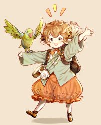 Rule 34 | 1girl, :d, ^^^, animal on arm, backpack, bag, bird, bird on arm, blue eyes, blush, brown background, brown footwear, brown hair, compass, granblue fantasy, green shirt, harvin, highres, long sleeves, open mouth, orange pants, outstretched arms, pants, parrot, puffy pants, rantan, scroll, shadow, shirt, short hair, sierokarte, smile, standing, standing on one leg
