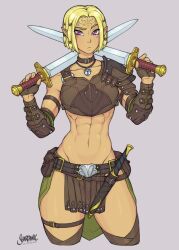 Rule 34 | 1girl, abs, armor, blonde hair, choker, dagger, dragon age, dragon age: origins, dual wielding, elf, facial tattoo, fantasy, fingerless gloves, frown, gloves, highres, holding, holding sword, holding weapon, jewelry, knife, leather armor, looking at viewer, midriff, muscular, muscular female, necklace, pointy ears, pouch, shardanic, signature, skirt, solo, sword, tattoo, toned, weapon