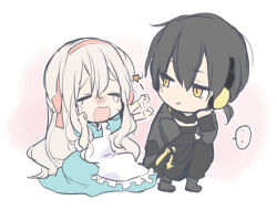 Rule 34 | ..., 1boy, 1girl, = =, afterimage, apron, arrow (symbol), arrow print, black footwear, black hair, black jacket, black pants, black shirt, blue dress, blush, bow, bow hairband, cheek rest, chibi, clenched hands, closed mouth, commentary, crying, dark konoha, double-parted bangs, dress, facial mark, facing another, full body, hair between eyes, hairband, hand on own face, headphones, jacket, kagerou project, konoha (kagerou project), kozakura marry, kyokutsuki, layered sleeves, long hair, long sleeves, neck warmer, nose blush, open mouth, pants, pants tucked in, pink bow, pink hairband, shirt, shoes, short ponytail, short sleeves, simple background, sleeve cuffs, slit pupils, spoken ellipsis, squatting, star (symbol), very long hair, wavy hair, white apron, white background, white hair, yellow eyes