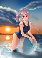 Rule 34 | 1girl, ball, bare arms, bare legs, barefoot, beach, beachball, blue one-piece swimsuit, blush, breasts, closed mouth, collarbone, floating hair, highres, kneeling, leaning forward, long hair, looking at viewer, ocean, one-piece swimsuit, overlord (maruyama), parted bangs, rausu (undeadmachine), red eyes, school uniform, shalltear bloodfallen, silver hair, slit pupils, small breasts, smile, solo, sun, sunset, swimsuit, very long hair