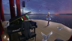 Rule 34 | 1girl, absurdres, aki rosenthal, apple, bird, blonde hair, candle, concert, crowd, detached hair, dove, food, formal, from behind, fruit, glowstick, highres, hololive, instrument, long hair, music, ocean, piano, playing instrument, playing piano, reflection, rosen-tai, shooting star, short hair, shoshu, sitting, speaker, stage, standing, suit, twintails, virtual youtuber