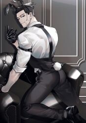 Rule 34 | 1boy, adapted costume, animal ears, ass, beckoning, black eyes, black hair, chippendales, come hither, couch, facial hair, facial scar, fake animal ears, from behind, goatee stubble, golden kamuy, hair slicked back, hair strand, highres, kneeling, long sleeves, looking at viewer, looking back, male focus, male playboy bunny, mature male, ogata hyakunosuke, on couch, rabbit day, rabbit ears, rabbit tail, rakkonabe, scar, scar on cheek, scar on face, short hair, sideburns, smile, solo, stubble, tail, thick eyebrows, undercut