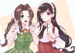 Rule 34 | 2girls, :d, aerith gainsborough, breasts, brown hair, brown nails, brown neckwear, dangle earrings, detached sleeves, dress, earrings, final fantasy, final fantasy vii, final fantasy vii remake, fingernails, food, green dress, green eyes, hair ribbon, highres, holding, holding food, holding pocky, jewelry, kt9 ct, large breasts, long hair, looking at viewer, low-tied long hair, maid headdress, medium breasts, multiple girls, nail polish, necktie, one eye closed, open mouth, parted bangs, pocky, polka dot, polka dot background, ponytail, puffy sleeves, purple eyes, red dress, red nails, ribbon, signature, smile, square enix, swept bangs, tifa lockhart, tri drills, upper body