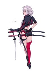 Rule 34 | 1girl, absurdres, ass, bikini, black bikini, black gloves, black jacket, brown eyes, closed mouth, commentary, cropped jacket, dated, english commentary, fate/grand order, fate (series), from behind, full body, gloves, grey hair, highres, holding, holding sword, holding weapon, jacket, jeanne d&#039;arc alter (fate), jeanne d&#039;arc alter (swimsuit berserker) (fate), katana, long hair, looking at viewer, osuk2, pink lips, red thighhighs, sheath, sheathed, shrug (clothing), signature, simple background, single thighhigh, smile, solo, swimsuit, sword, thighhighs, very long hair, weapon, white background