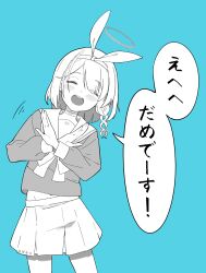 Rule 34 | 1girl, absurdres, aqua background, arona (blue archive), blue archive, blush, braid, closed eyes, commentary request, greyscale, hairband, halo, highres, long sleeves, monochrome, open mouth, sailor collar, school uniform, serafuku, short hair, side braid, skirt, solo, speech bubble, suppa (hagakuresuppa), teeth, upper teeth only, x arms