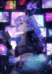 Rule 34 | 1girl, absurdres, blowing bubbles, celtreny, chewing gum, cropped jacket, fingerless gloves, fur-trimmed jacket, fur trim, gloves, goggles, goggles on head, grey hair, highres, holding, honkai: star rail, honkai (series), jacket, long hair, midriff, monitor, partially unzipped, ponytail, purple eyes, short shorts, short sleeves, shorts, silver wolf (honkai: star rail), solo, twitter username