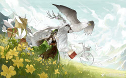 Rule 34 | 1girl, apron, ash echoes, basket, bicycle, bird, blue sky, bonnet, brown apron, brown hair, cart, cloud, day, dress, eagle, field, flower, flying paper, grass, green dress, green skirt, hat, hat flower, highres, holding, horse, hua hua de qiluoluo, long hair, long skirt, long sleeves, mountain, mountainous horizon, outdoors, paper, purple flower, shirt, skirt, skirt hold, sky, smile, solo, suitcase, very long hair, vulture, weibo logo, weibo watermark, white flower, white shirt, yellow flower, zodivin azure