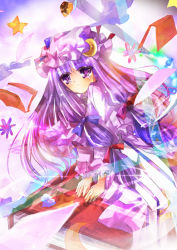 Rule 34 | 1girl, aquamarine, blunt bangs, blush, book, crescent, dress, female focus, floating, floating object, frills, hat, long sleeves, looking at viewer, magic, mob cap, own hands together, patchouli knowledge, purple dress, purple eyes, purple hair, solo, striped, touhou, v arms, vertical stripes