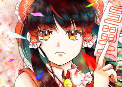 Rule 34 | 1girl, absurdres, ascot, bare shoulders, black hair, blunt bangs, closed mouth, collared vest, commentary request, frilled ribbon, frills, hair ribbon, hair tubes, hakurei reimu, highres, holding, long hair, monodoku, ofuda, orange eyes, portrait, red ribbon, red vest, ribbon, serious, touhou, vest, yellow ascot