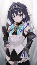 Rule 34 | 1girl, absurdres, alternate breast size, armpit crease, bare shoulders, black hair, blue bow, blue eyes, blue gemstone, blush, bow, bow earrings, chain, closed mouth, earrings, eyelashes, fingernails, gem, hair between eyes, hand on own hip, heart, highres, hololive, hololive english, jewelry, long eyelashes, ouro kronii, short hair, sleeves past wrists, solo, stoll (tmxhf), striped, turtleneck, virtual youtuber