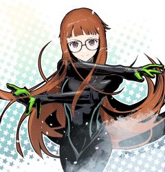 Rule 34 | 1girl, black bodysuit, blunt bangs, bodysuit, breasts, brown hair, closed mouth, cofffee, cowboy shot, crossed arms, floating hair, glasses, long hair, looking at viewer, orange hair, outstretched arms, persona, persona 5, purple eyes, sakura futaba, small breasts, smile, solo, star (symbol), starry background, very long hair