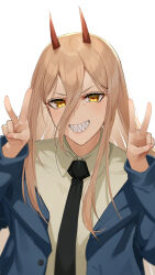 Rule 34 | 1girl, artist name, black background, black necktie, blue jacket, chainsaw man, collared shirt, cross-shaped pupils, double v, hair between eyes, highres, horns, jacket, long hair, looking at viewer, necktie, parted lips, power (chainsaw man), red horns, sasoura, sharp teeth, shirt, simple background, smile, solo, symbol-shaped pupils, teeth, v, white shirt, yellow eyes