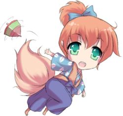 Rule 34 | 1boy, bow, chibi, fox tail, fur vest, green eyes, hair bow, inuyasha, kitsune, lady suchiko, leaf print, male focus, open mouth, orange hair, pointy ears, ponytail, shippou (inuyasha), simple background, solo, spinning top, tail, white background