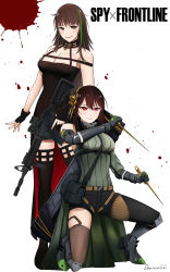 Rule 34 | 2girls, artist name, assault rifle, bare shoulders, black dress, black scarf, black shorts, black thighhighs, blood, breasts, brown eyes, brown hair, cleavage, closed mouth, collarbone, commentary, commission, copyright name, cosplay, costume switch, crossover, darkpulsegg, dress, english commentary, full body, girls&#039; frontline, green sweater vest, gun, hair ornament, highres, holding, holding gun, holding weapon, lips, long hair, looking at viewer, m4 carbine, m4a1 (girls&#039; frontline), mechanical arms, medium breasts, multicolored hair, multiple girls, on one knee, red eyes, rifle, scarf, shorts, simple background, single mechanical arm, smile, spy x family, standing, streaked hair, sweater vest, thighhighs, weapon, yor briar