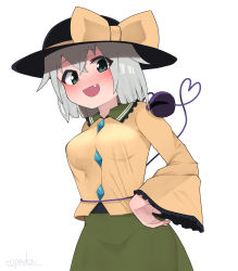 Rule 34 | 1girl, black hat, blouse, blush, bow, breasts, buttons, cowboy shot, diamond button, eyeball, eyes visible through hair, fang, frilled shirt collar, frilled sleeves, frills, green eyes, green skirt, hair between eyes, hand on own hip, hat, hat bow, hat ribbon, heart, heart of string, highres, komeiji koishi, light green hair, long sleeves, looking at viewer, medium breasts, medium hair, open mouth, ribbon, see-through, see-through shirt, shirt, signature, simple background, skirt, smile, solo, third eye, topadori, touhou, white background, wide sleeves, yellow bow, yellow ribbon, yellow shirt