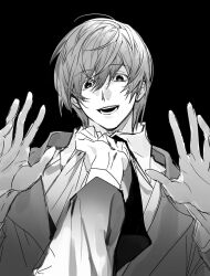 Rule 34 | 1boy, 1other, black background, clothes grab, collared shirt, death note, greyscale, hair between eyes, highres, jacket, long sleeves, looking at viewer, male focus, monochrome, necktie, noren (noren1512), open hands, open mouth, pov, shirt, shirt grab, simple background, sketch, solo, upper body, yagami light