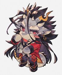 Rule 34 | 1boy, animal ears, bara, black hair, black necktie, blush stickers, chibi, commentary, dragon boy, dragon ears, dragon horns, dragon tail, earrings, fang, film grain, fishing hook earrings, full body, furry, furry male, fuxi (housamo), gomoku (gomoku418), grey background, hand to own mouth, hand up, holding, horns, jacket, jewelry, long hair, male focus, multiple horns, necktie, pink eyes, red jacket, solo, standing, tail, talisman, thick eyebrows, tokyo houkago summoners