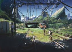 Rule 34 | ashorz, blue sky, building, chinese commentary, commentary, day, grass, highres, moss, no humans, original, outdoors, plant, power lines, railroad tracks, scenery, sky, skyline, train, tunnel