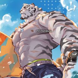 Rule 34 | 1boy, abs, animal ears, arknights, artist name, bara, blue sky, character name, cloud, cloudy sky, commentary, english commentary, from side, furry, furry male, holding, holding surfboard, jewelry, looking ahead, male focus, mountain (arknights), multiple scars, necklace, ocean, onion holic, pectorals, scar, scar across eye, scar on arm, scar on face, shorts, signature, sky, surfboard, tail, tiger boy, tiger ears, tiger stripes, tiger tail, topless male, watch, water, wristwatch