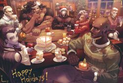 Rule 34 | 3girls, 4boys, alcohol, alternate costume, arm tattoo, bald, bara, black hair, black shirt, black sleeves, book, cake, card, christmas, christmas tree, closed mouth, colored skin, commentary, dark-skinned female, dark-skinned male, dark skin, doomfist (overwatch), earrings, english commentary, english text, food, gloves, green sleeves, green sweater, hat, highres, holding, holding book, indoors, jewelry, long sleeves, looking at another, mask, mauga (overwatch), moira (overwatch), multiple boys, multiple girls, overwatch, overwatch 1, overwatch 2, pectorals, purple skin, reading, reaper (overwatch), red gloves, santa hat, shirt, sigma (overwatch), sitting, smile, sombra (overwatch), strawberry cake, sweater, syouyugoblin, tattoo, white sleeves, widowmaker (overwatch), window, wine