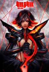 10s 1girl bad_id bad_pixiv_id black_hair blue_eyes breasts copyright_name cowboy_shot female_focus hairpods kill_la_kill large_breasts lips living_clothes matoi_ryuuko microskirt muju multicolored_hair nose planted realistic red_hair revealing_clothes scissor_blade_(kill_la_kill) senketsu short_hair skirt solo suspenders two-tone_hair underboob weapon