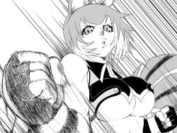 Rule 34 | animal ears, arc system works, blazblue, blazblue: continuum shift, breasts, clenched hand, fingerless gloves, gloves, highres, makoto nanaya, monochrome, punching, short hair, squirrel ears, squirrel tail, tail, underboob