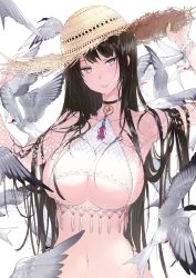 Rule 34 | 1girl, adjusting clothes, adjusting headwear, arm up, bare shoulders, bikini, bird, black hair, blush, breasts, cleavage, collar, collarbone, grey eyes, halterneck, hand up, hat, highres, large breasts, light smile, long hair, looking at viewer, mole, mole under eye, navel, original, parted lips, revealing clothes, simple background, smile, solo, straw hat, sun hat, swimsuit, tassel, tonito, underboob, very long hair, water drop, white background, white bikini