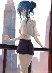Rule 34 | 1girl, alternate costume, alternate hairstyle, black choker, black shorts, blue eyes, blue hair, building, choker, cityscape, closed mouth, cropped shirt, drinking straw, from behind, hair between eyes, highres, holding, hololive, hoshimachi suisei, looking at viewer, looking back, phos (s phos), railing, shirt, short shorts, shorts, sidelocks, skyscraper, solo, star (symbol), star in eye, symbol in eye, twitter username, virtual youtuber, white shirt