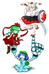 Rule 34 | 3girls, animal ears, backpack, bag, bare shoulders, black ribbon, bobby socks, boots, bow, breasts, butterfly sitting, closed eyes, cross-laced footwear, detached sleeves, dress, extra arms, front ponytail, full body, geta, green eyes, green hair, hair bobbles, hair bow, hair ornament, hair ribbon, hand to head, hat, highres, inubashiri momiji, kagiyama hina, kawashiro nitori, key, lace-up boots, large breasts, leaf, long hair, long sleeves, maple leaf, mechanical, mechanical arms, medium breasts, multiple girls, nitamago, nitamago (artist), open mouth, pocket, pom pom (clothes), puffy short sleeves, puffy sleeves, red dress, red eyes, ribbon, rubber boots, shield, shirt, short hair, short sleeves, short twintails, silver hair, simple background, sitting, sitting on object, skirt, skirt set, sleeveless, smile, socks, standing, standing on one leg, sword, tail, tengu-geta, tokin hat, touhou, twintails, two side up, v arms, weapon, white background, white legwear, wide sleeves, wolf ears, wolf tail, wrist ribbon