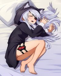 Rule 34 | 10s, 1girl, animal ears, animal hood, barefoot, cat ears, cat hood, ebs, eyepatch, closed eyes, hood, infinite stratos, laura bodewig, long hair, lying, on bed, on side, open mouth, pillow, silver hair, sleeping, solo, thigh strap