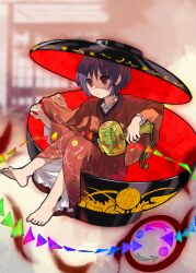 Rule 34 | 1girl, barefoot, closed mouth, commentary request, flat chest, highres, holding, holding mallet, japanese clothes, kaigen 1025, kimono, male focus, mallet, miracle mallet, obi, red eyes, red kimono, sash, short hair, sitting, solo, sukuna shinmyoumaru, tassel, touhou, wide sleeves