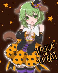Rule 34 | 1girl, :d, alternate costume, animal ears, basket, bow, candy, detached sleeves, dog ears, dog tail, food, green eyes, green hair, halloween, hat, hat bow, holding, kasodani kyouko, lollipop, looking at viewer, matching hair/eyes, mini hat, mini witch hat, open mouth, papiisan, polka dot, polka dot skirt, short hair, skirt, smile, solo, star (symbol), striped clothes, striped thighhighs, tail, thighhighs, touhou, trick or treat, witch hat