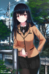 Rule 34 | 1girl, black hair, black pantyhose, black skirt, blazer, blue sky, blush, brown jacket, building, bush, cellphone, cloud, collared shirt, commentary, day, highres, holding, holding phone, jacket, linzere, long hair, long sleeves, looking at viewer, original, outdoors, pantyhose, phone, power lines, red eyes, school uniform, shirt, skirt, sky, smartphone, smile, solo, symbol-only commentary, tree, utility pole, white shirt, winter uniform