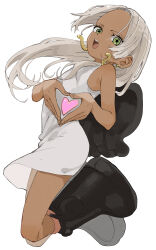 1girl absurdres angel_wings bare_arms bare_legs bare_shoulders black_footwear black_wings boots commentary_request dark-skinned_female dark_skin dress earrings feet_up female_focus flat_chest from_side full_body green_eyes grey_dress grey_hair heart heart_hands highres jewelry long_hair looking_at_viewer one_piece open_mouth s-snake seraphim_(one_piece) simple_background sleeveless sleeveless_dress snake_earrings solo star-shaped_pupils star_(symbol) symbol-shaped_pupils teeth tongue upper_teeth_only white_background white_dress wings yamamoto_souichirou