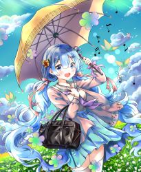 Rule 34 | 10s, 1girl, :d, alternate hairstyle, arm up, bad id, bad pixiv id, bag, beamed sixteenth notes, blue eyes, blue hair, blue skirt, blue sky, blush, breasts, brown jacket, cloud, cloudy sky, commentary request, day, dutch angle, eighth note, flower, hair flower, hair ornament, hand up, highres, holding, holding umbrella, jacket, long hair, long sleeves, looking at viewer, low twintails, melings (aot2846), musical note, musical note print, neckerchief, open clothes, open jacket, open mouth, orange flower, outdoors, pleated skirt, purple neckerchief, re:zero kara hajimeru isekai seikatsu, rem (re:zero), round teeth, sailor collar, school bag, school uniform, sheet music, shirt, sixteenth note, skirt, sky, small breasts, smile, solo, teeth, thighhighs, treble clef, twintails, umbrella, upper teeth only, very long hair, white flower, white sailor collar, white shirt, white thighhighs, yellow umbrella